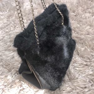 fuzzy black purse w/ pleather sides + chain straps